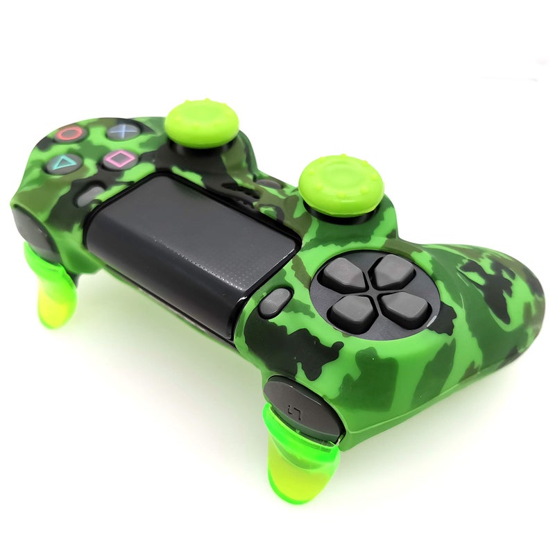 Asokex Silicone Skin Cover for Ps4 Controller (1pc Anti-Slip Case, 1 Pair L2 R2 Trigger Extender, 4pcs Thumb Grips,4pcs LED Light Bar Decal) Protector for DualShock PS4/ Slim/Pro Controller (Green camouflag) - Image 2